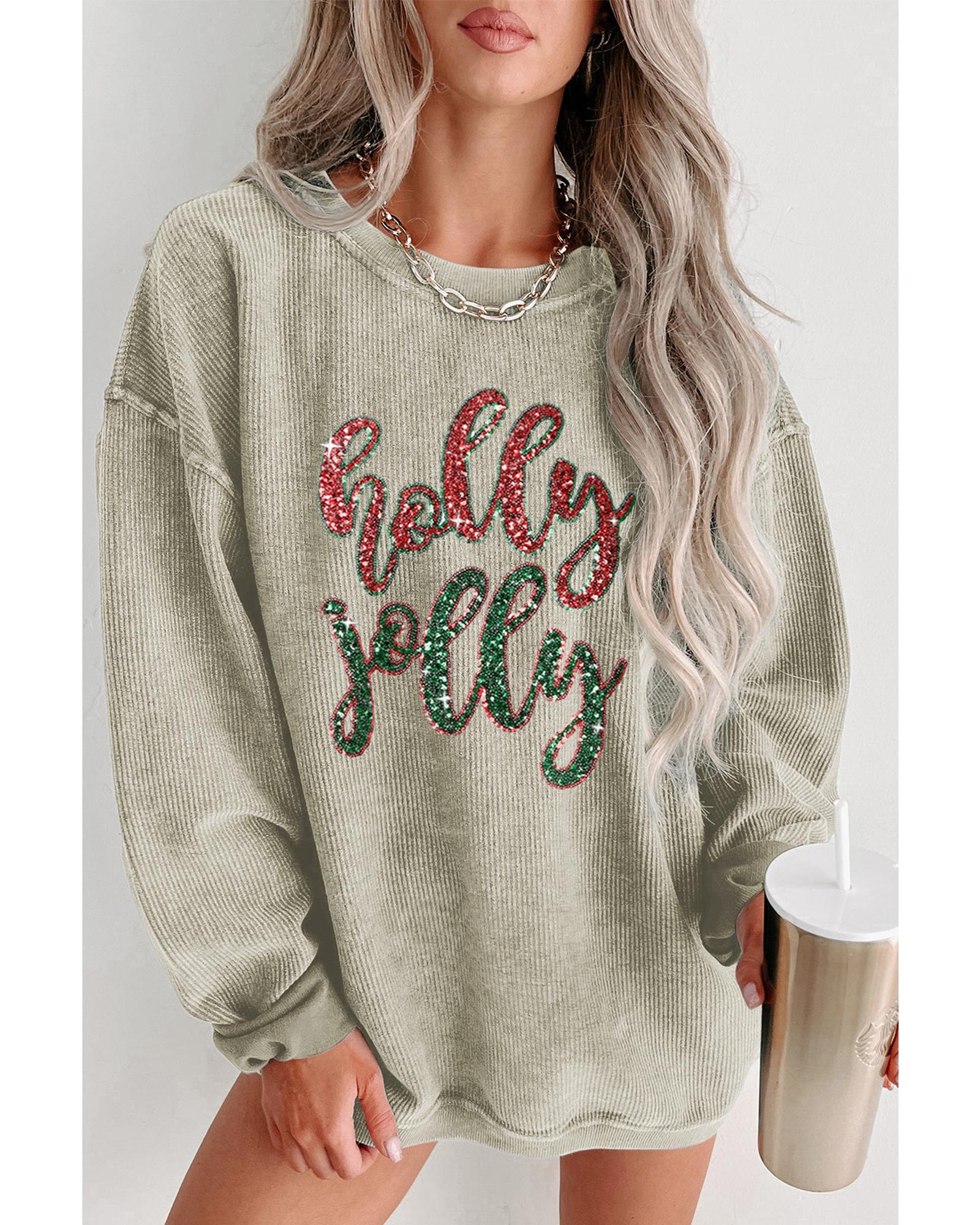 Green Sequined holly jolly Graphic Corded Sweatshirt - Image 4