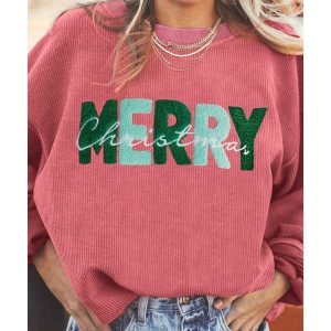 Strawberry Pink MERRY Christmas Corded Pullover Sweatshirt
