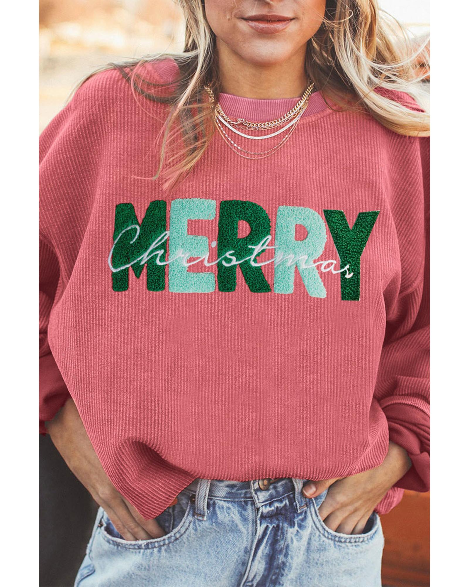 Strawberry Pink MERRY Christmas Corded Pullover Sweatshirt