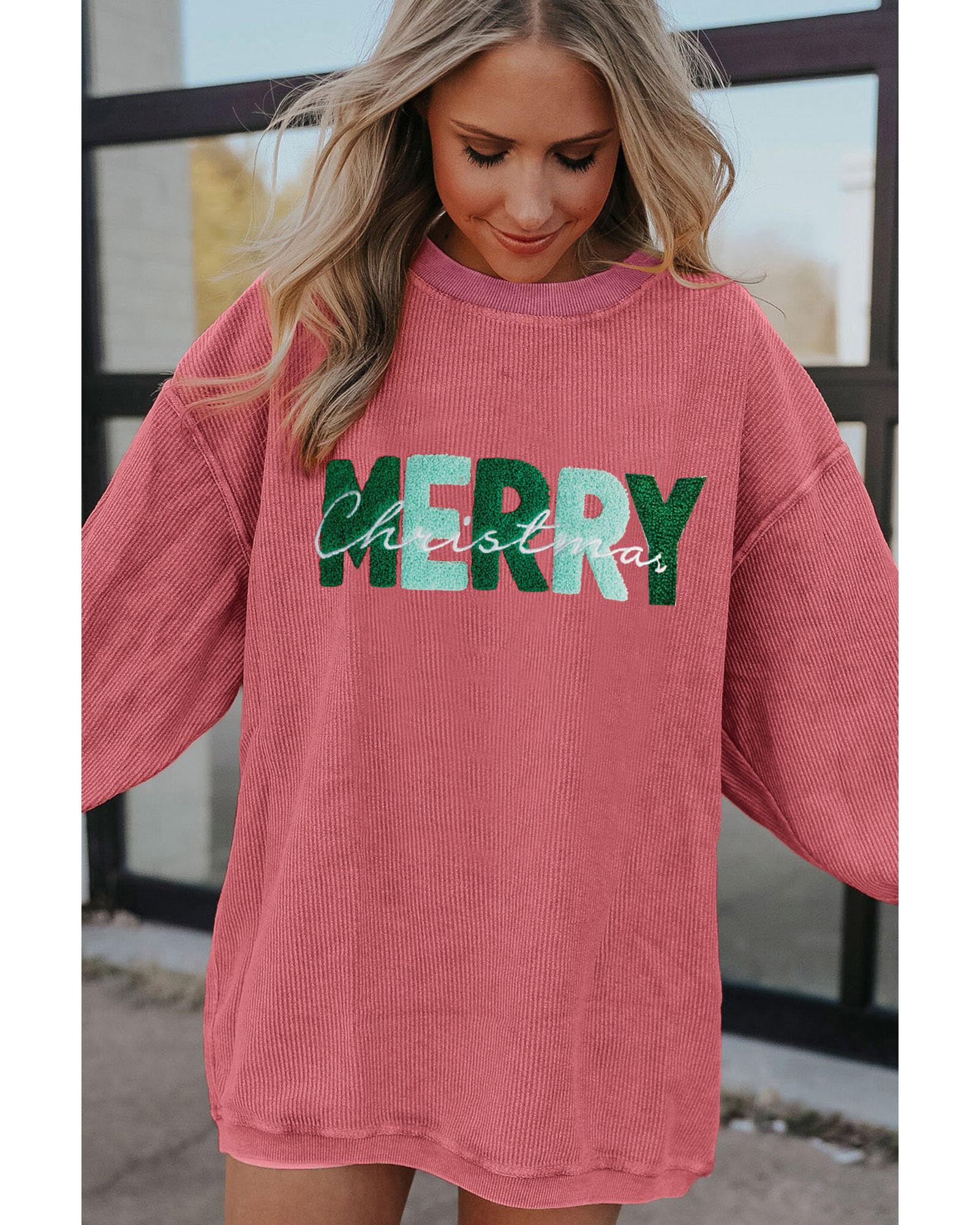 Strawberry Pink MERRY Christmas Corded Pullover Sweatshirt - Image 2