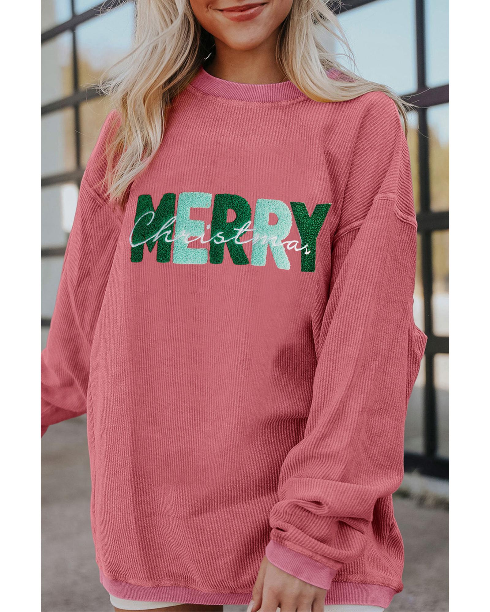 Strawberry Pink MERRY Christmas Corded Pullover Sweatshirt - Image 4