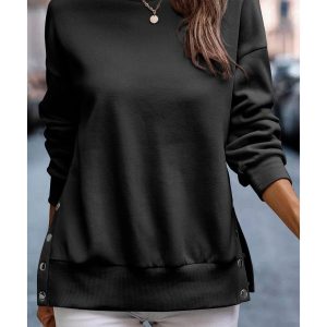 Black Snap Buttons Side Splits Pullover Sweatshirt