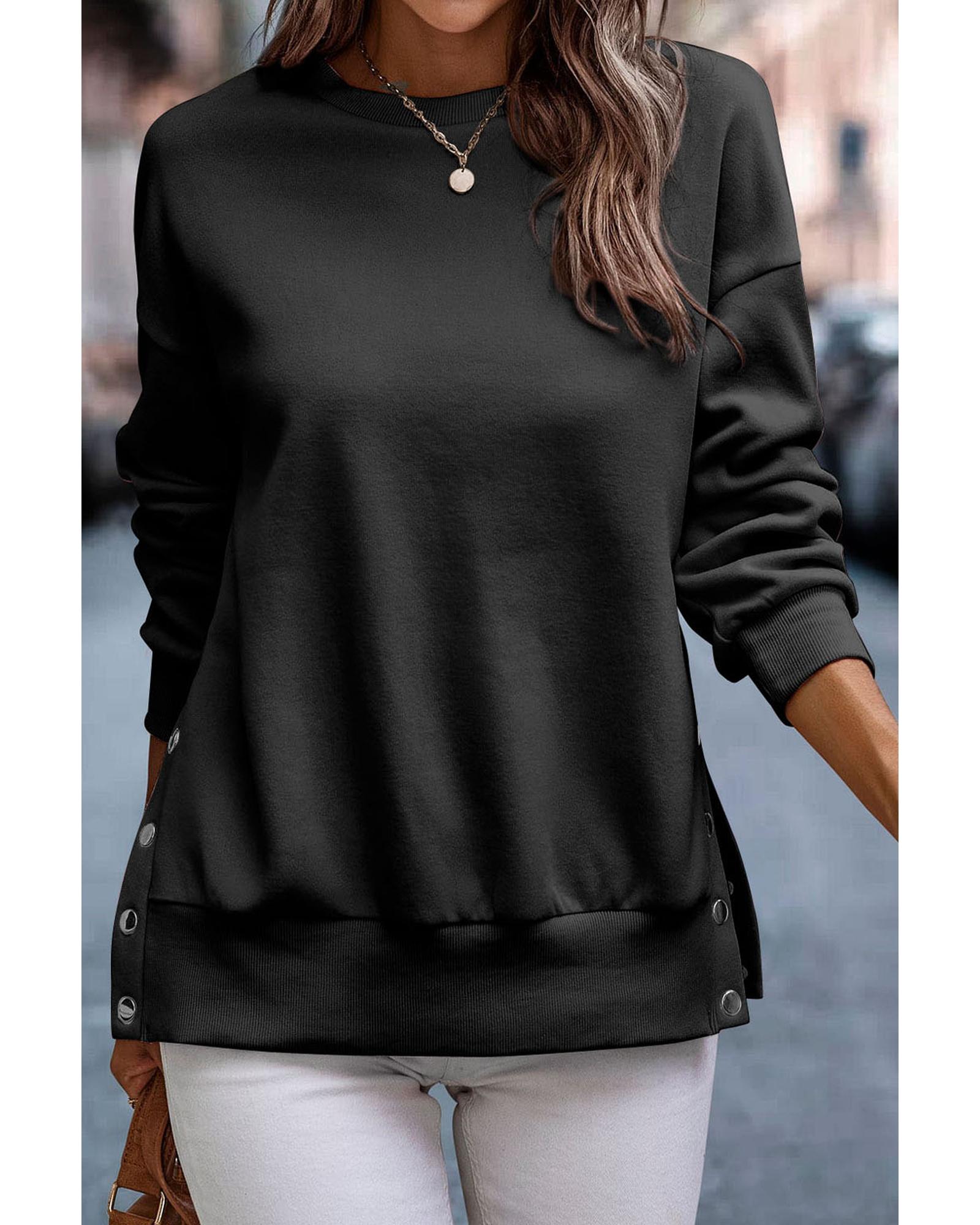 Black Snap Buttons Side Splits Pullover Sweatshirt