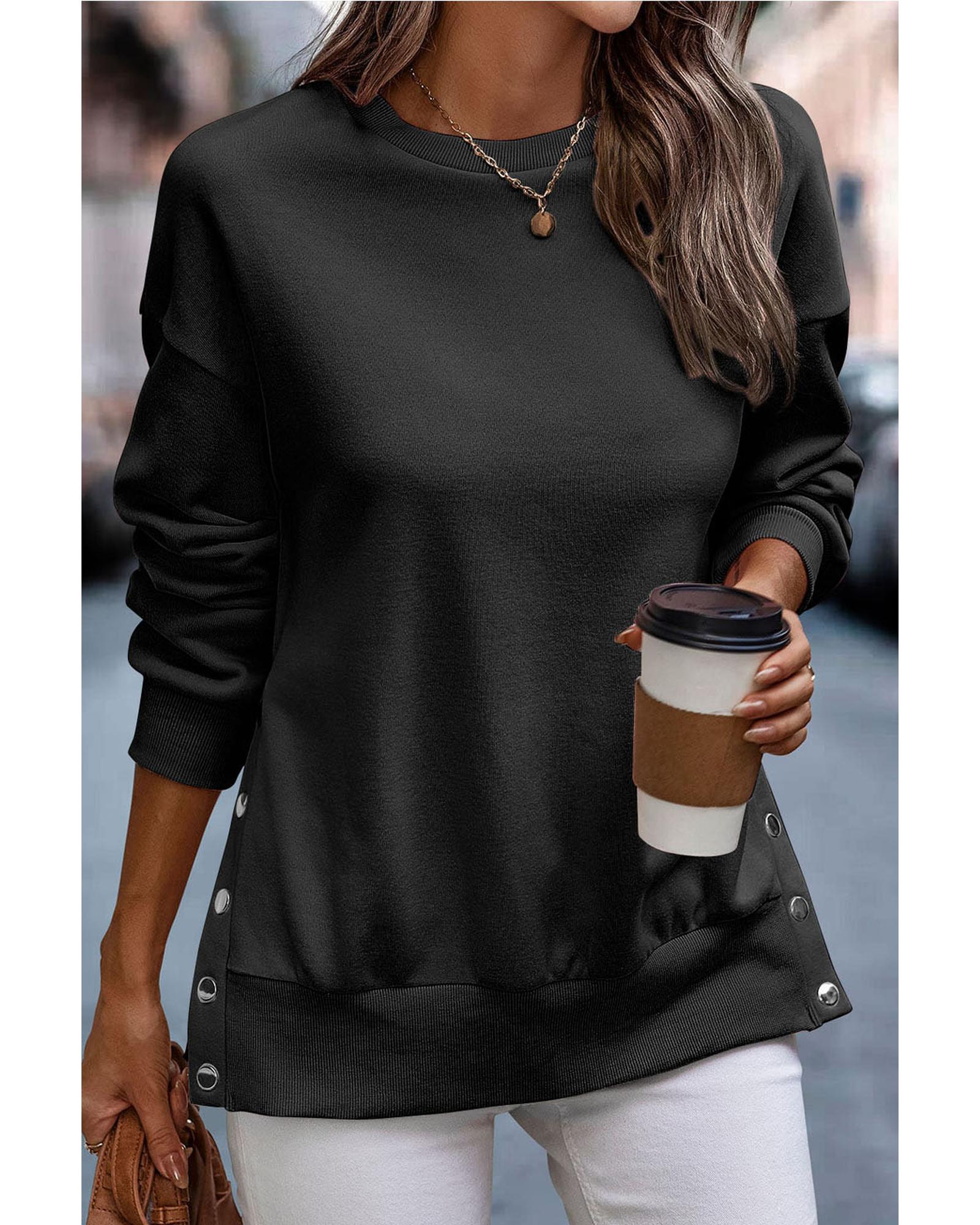 Black Snap Buttons Side Splits Pullover Sweatshirt - Image 2