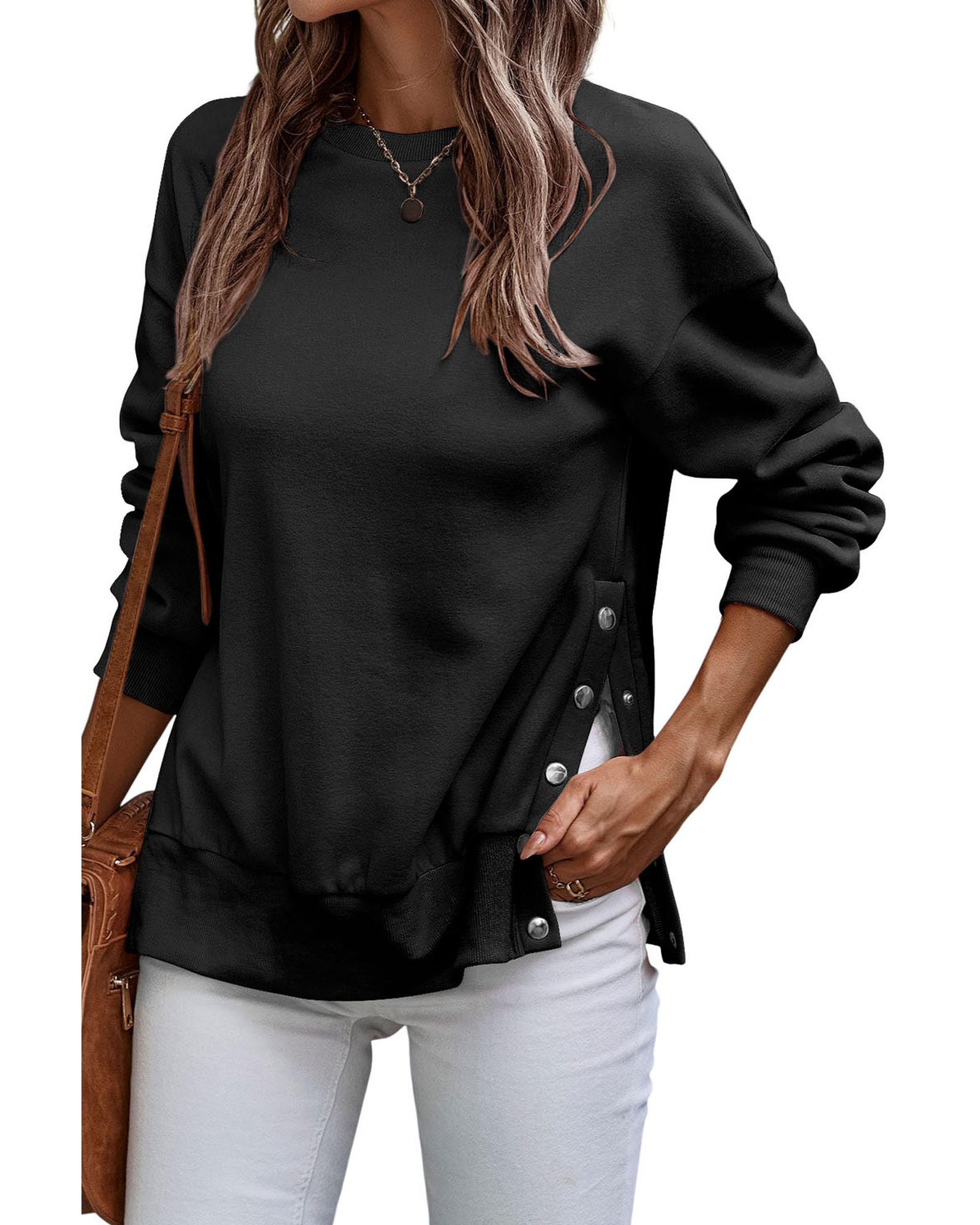 Black Snap Buttons Side Splits Pullover Sweatshirt - Image 3