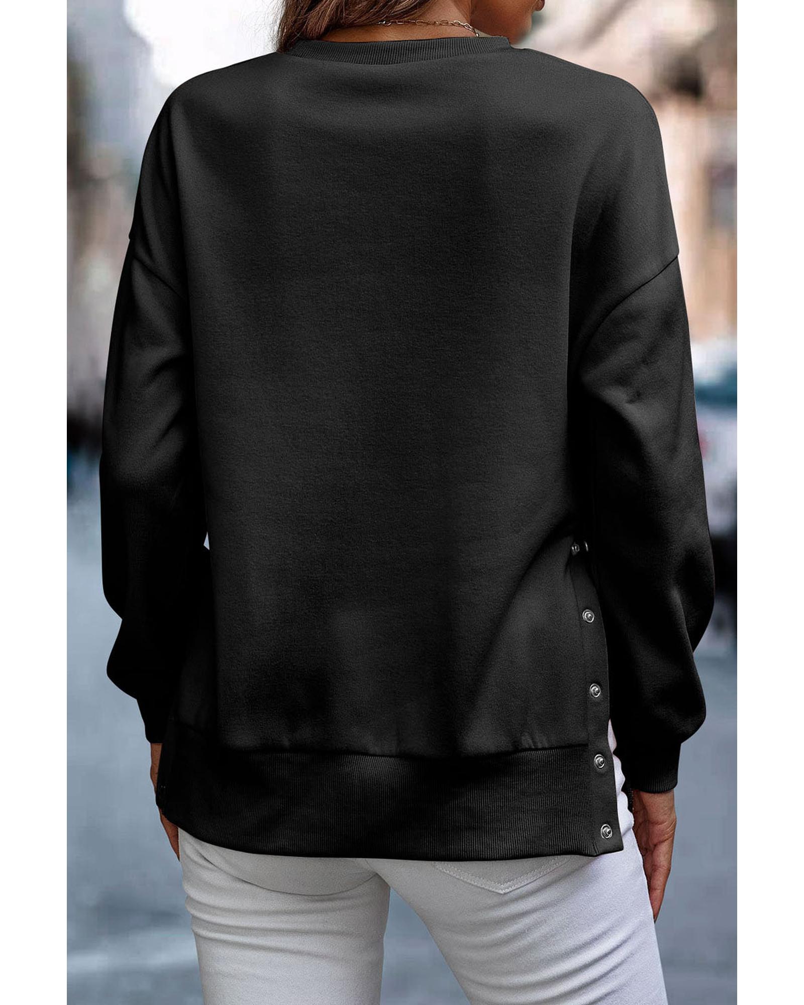Black Snap Buttons Side Splits Pullover Sweatshirt - Image 4