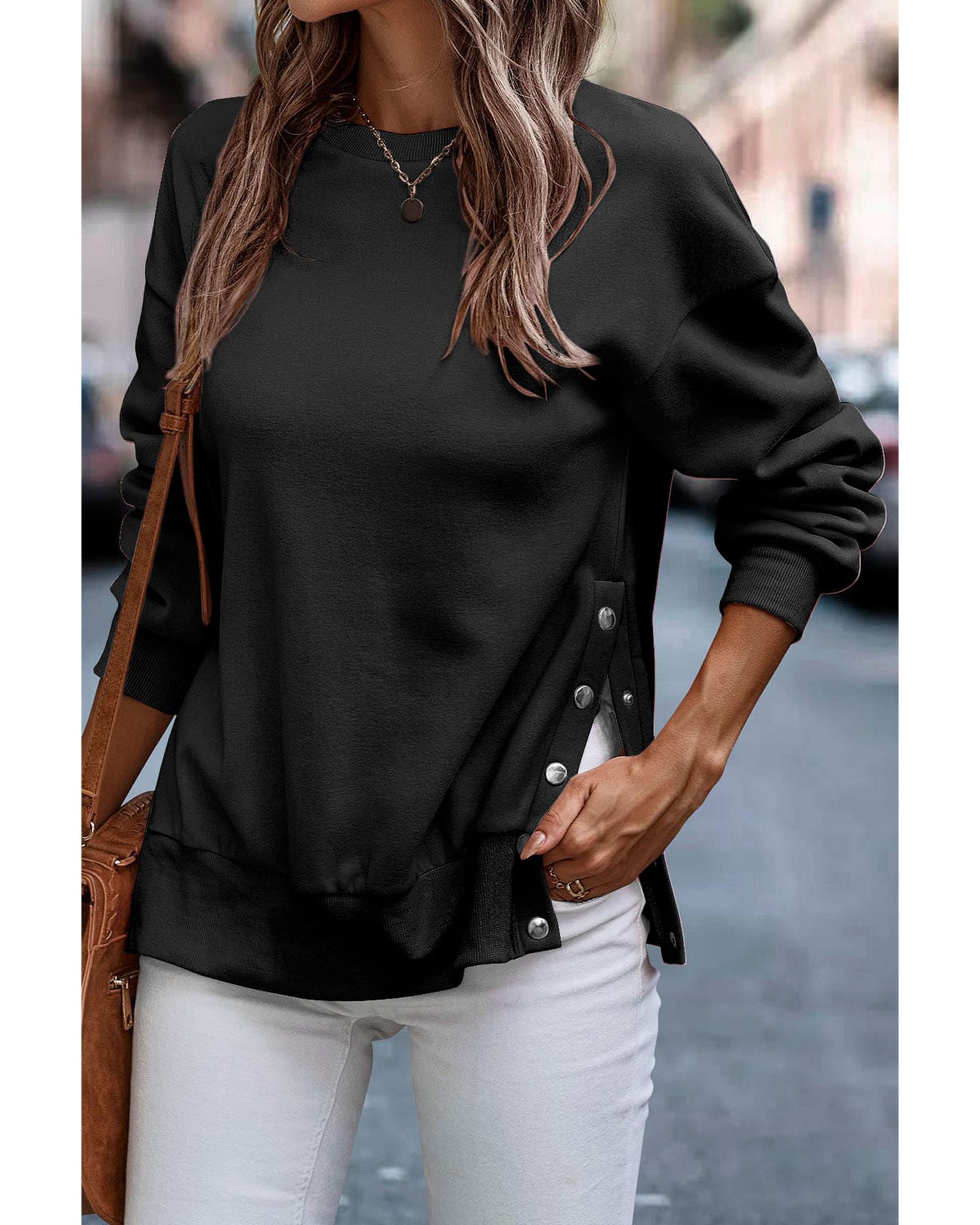 Black Snap Buttons Side Splits Pullover Sweatshirt - Image 5