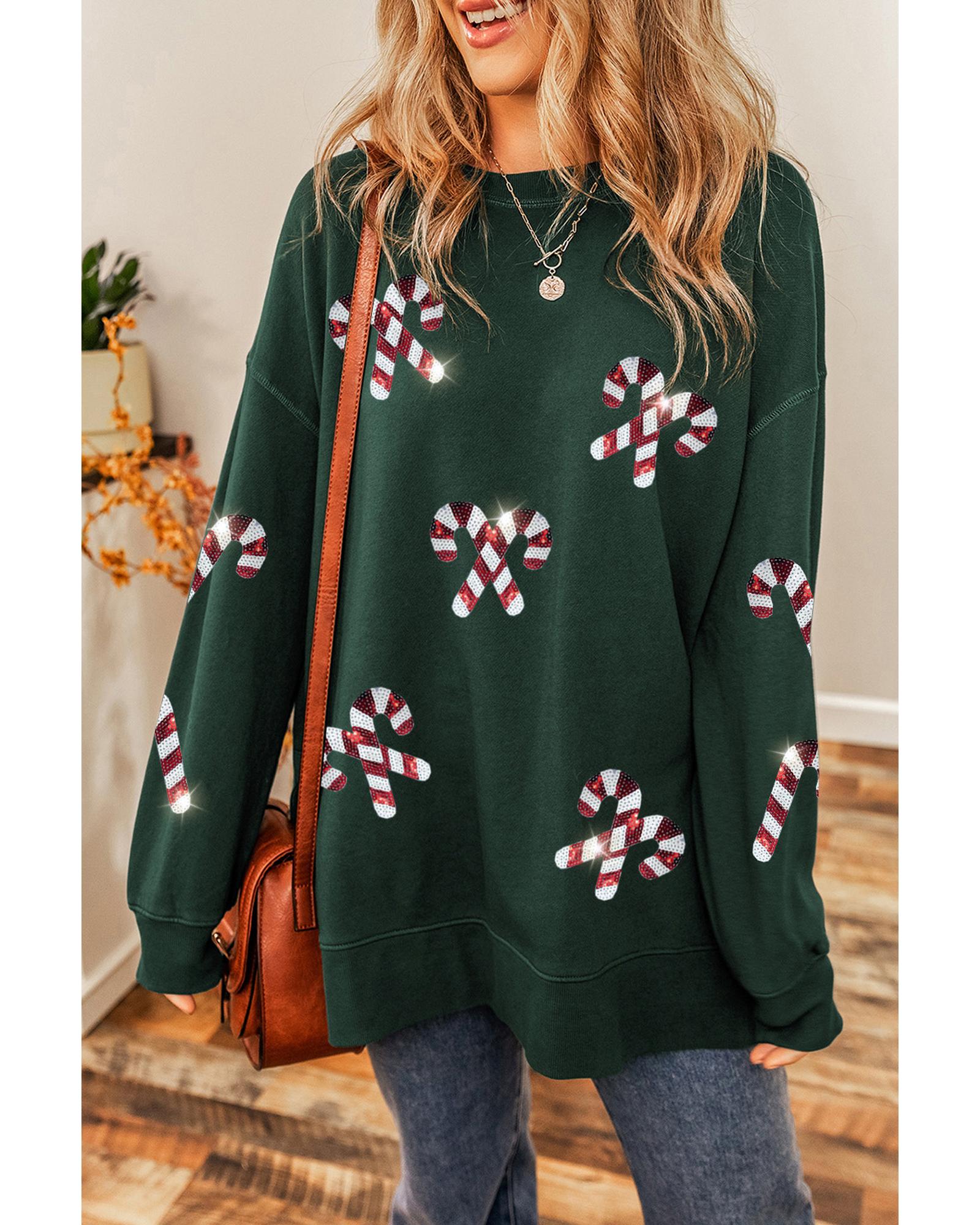 Duffel Green Christmas Cane Pattern Crewneck Oversized Sweatshirt - Image 3