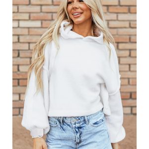 White Sherpa Fleece Drop Shoulder Hoodie