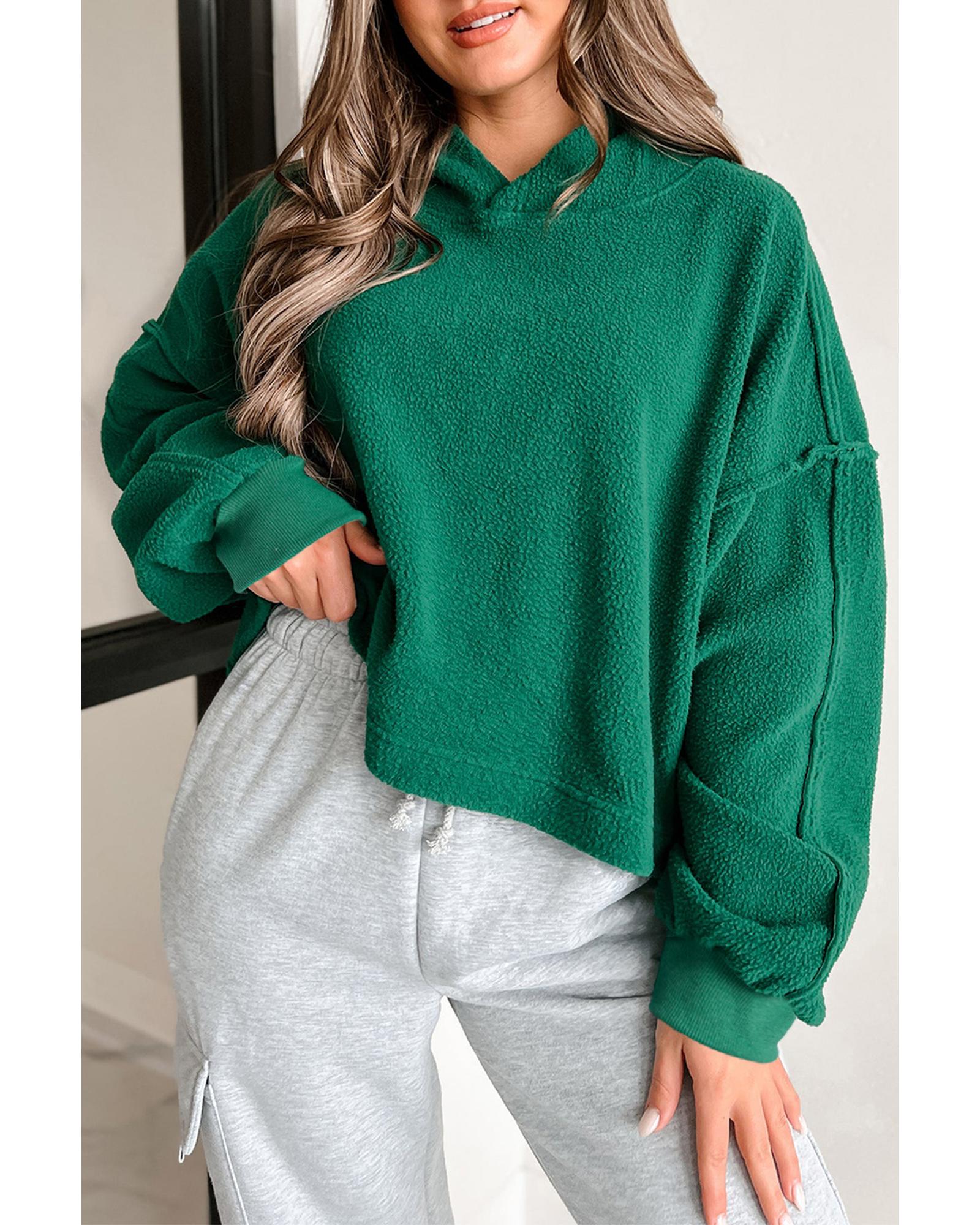 Dark Green Sherpa Fleece Drop Shoulder Hoodie