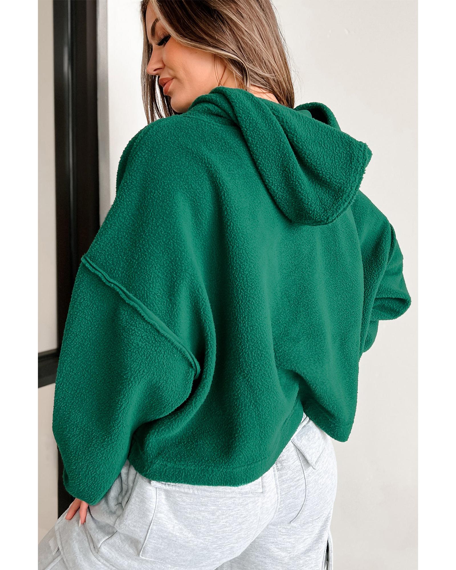 Dark Green Sherpa Fleece Drop Shoulder Hoodie - Image 3