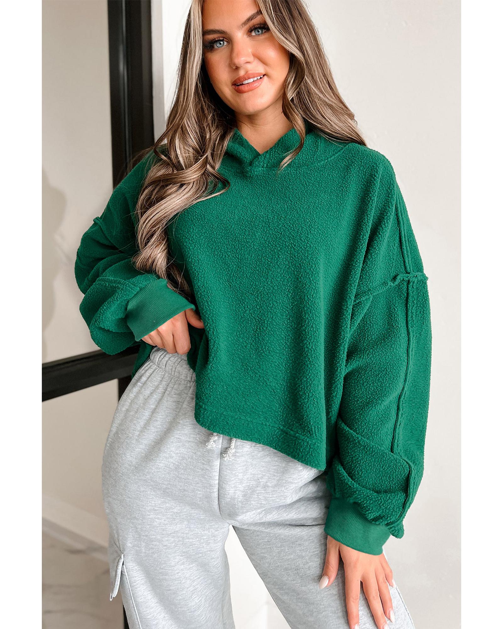 Dark Green Sherpa Fleece Drop Shoulder Hoodie - Image 4