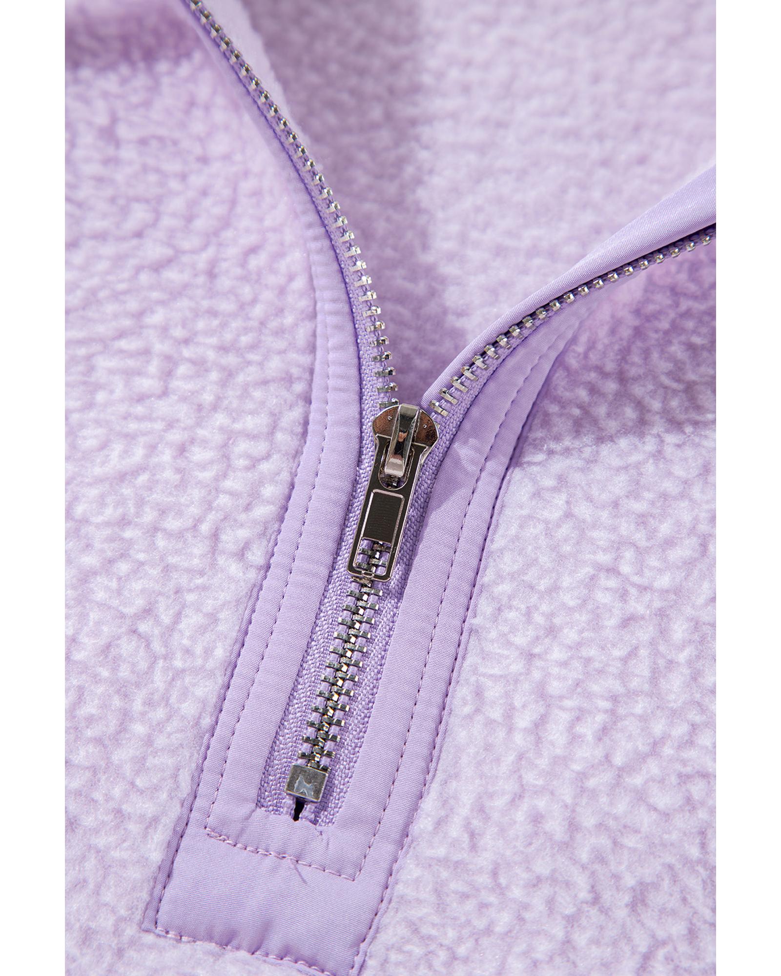 Lavendula Zipped Patch Pocket Fuzzy Drawstring Hoodie