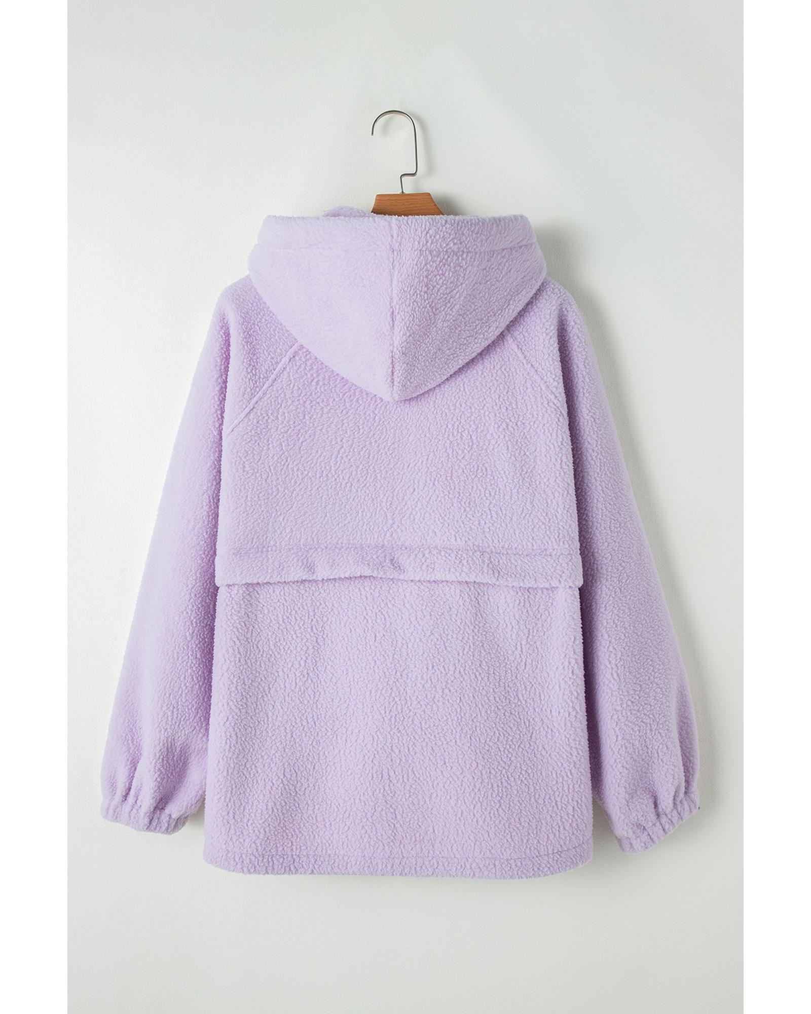 Lavendula Zipped Patch Pocket Fuzzy Drawstring Hoodie - Image 2
