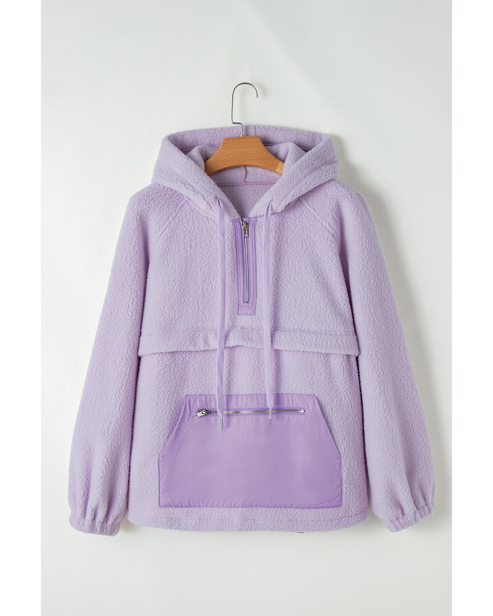 Lavendula Zipped Patch Pocket Fuzzy Drawstring Hoodie - Image 3