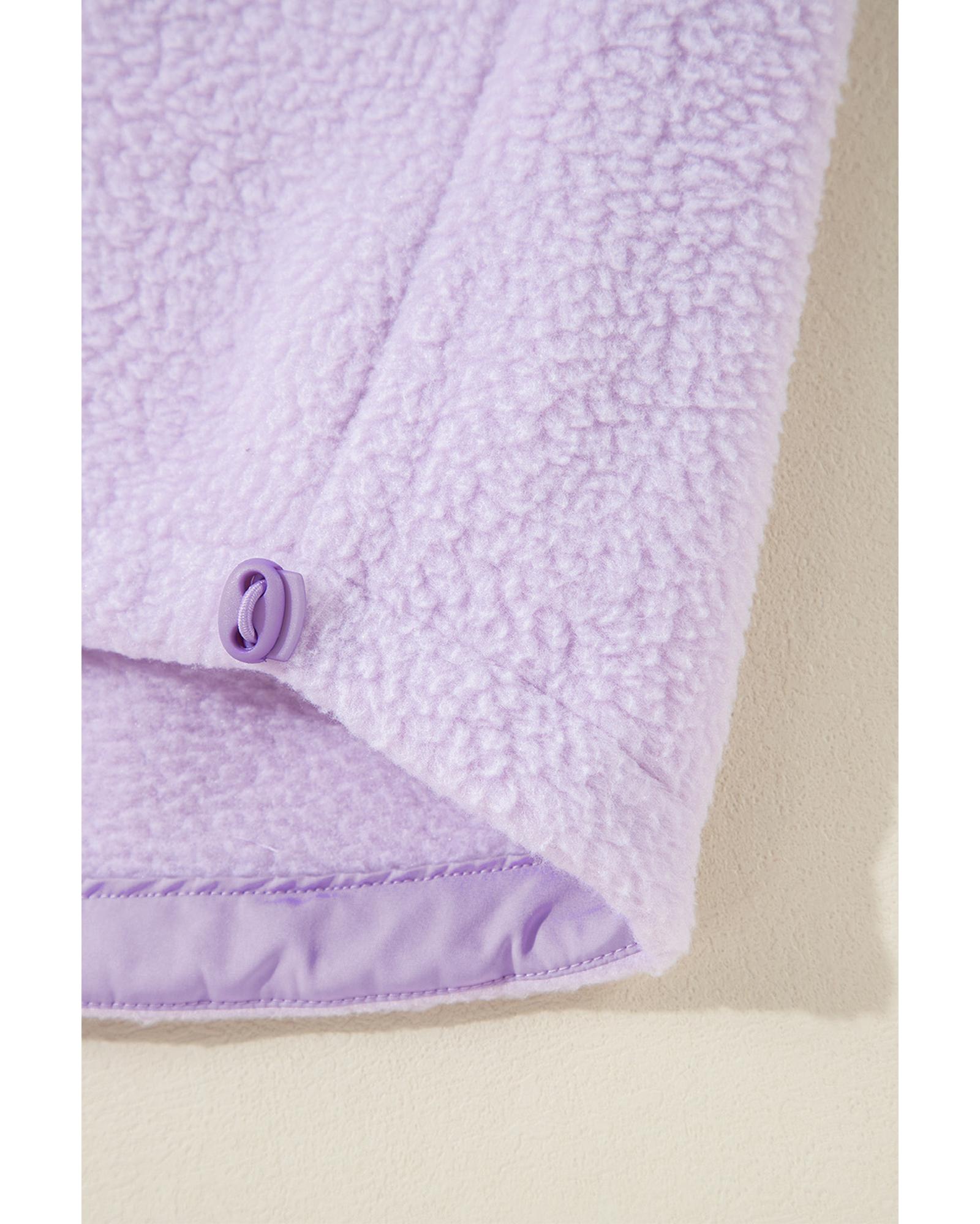 Lavendula Zipped Patch Pocket Fuzzy Drawstring Hoodie - Image 5