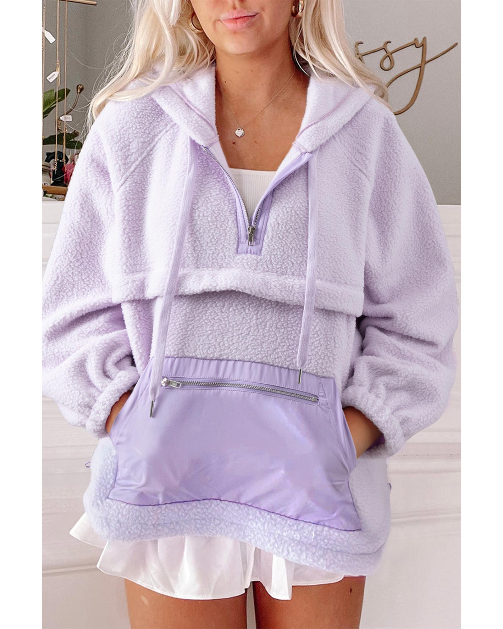 Lavendula Zipped Patch Pocket Fuzzy Drawstring Hoodie - Image 8