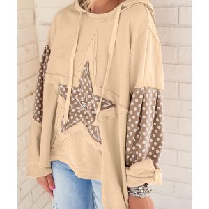 Apricot Floral Patchwork Star Pattern Drawstring Hoodie