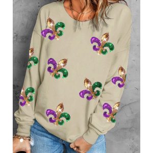 Khaki Sequin Mardi Gras Graphic Pullover Sweatshirt