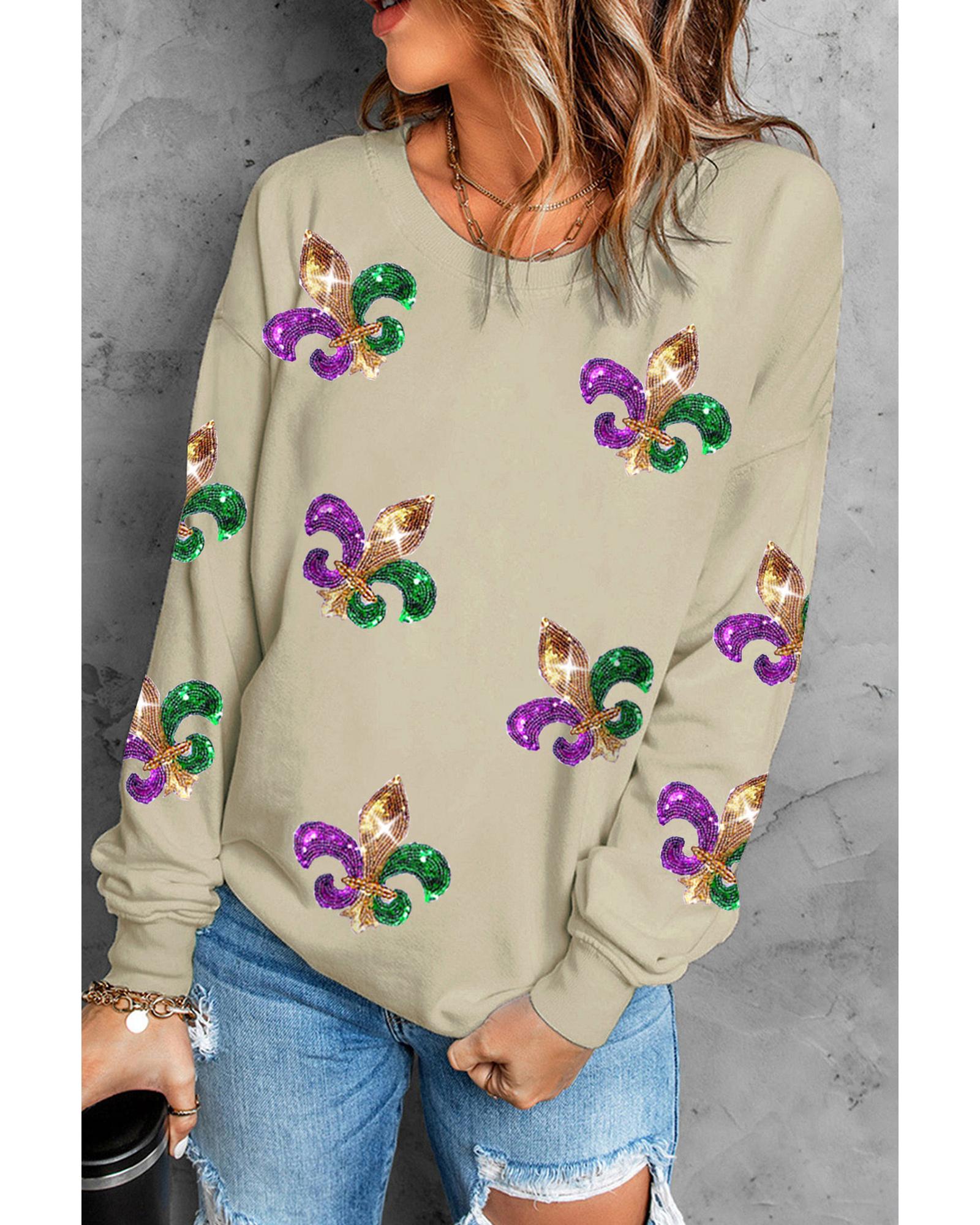 Khaki Sequin Mardi Gras Graphic Pullover Sweatshirt