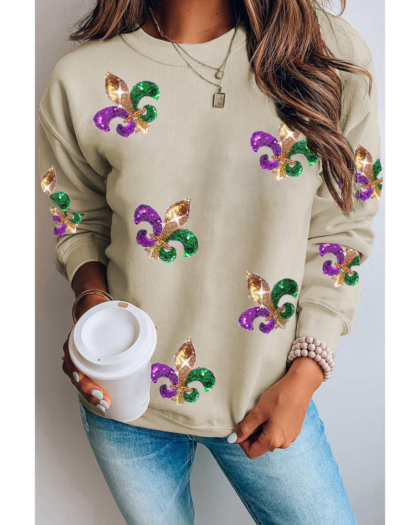 Khaki Sequin Mardi Gras Graphic Pullover Sweatshirt - Image 2
