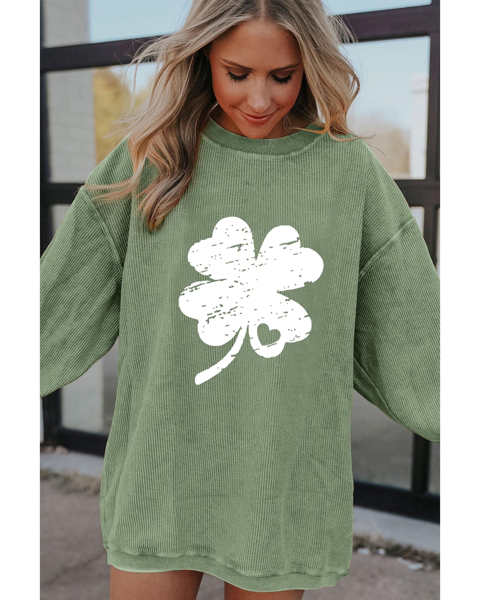 Grass Green Distressed Clover Print St Patricks Corded Sweatshirt - Image 2