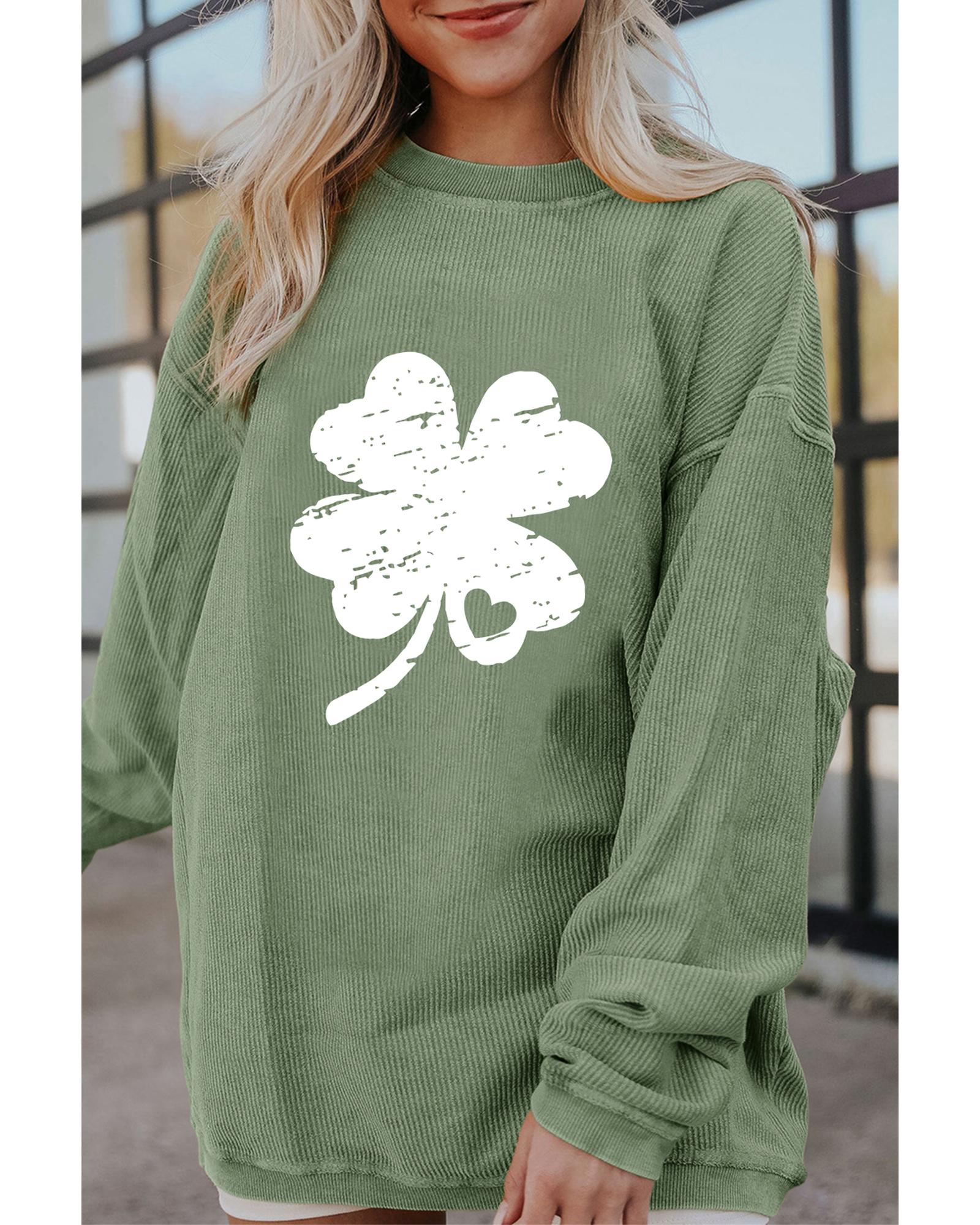 Grass Green Distressed Clover Print St Patricks Corded Sweatshirt - Image 3