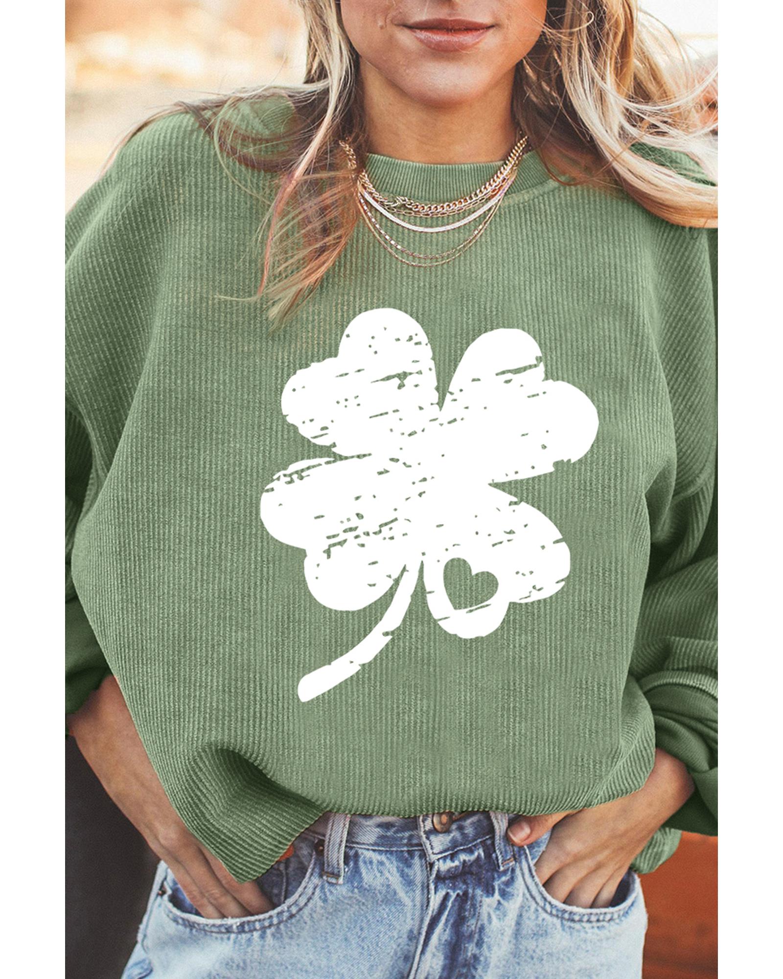 Grass Green Distressed Clover Print St Patricks Corded Sweatshirt - Image 5