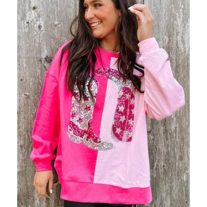 Pink Color Block Sequined Cowgirl Boots Graphic Sweatshirt
