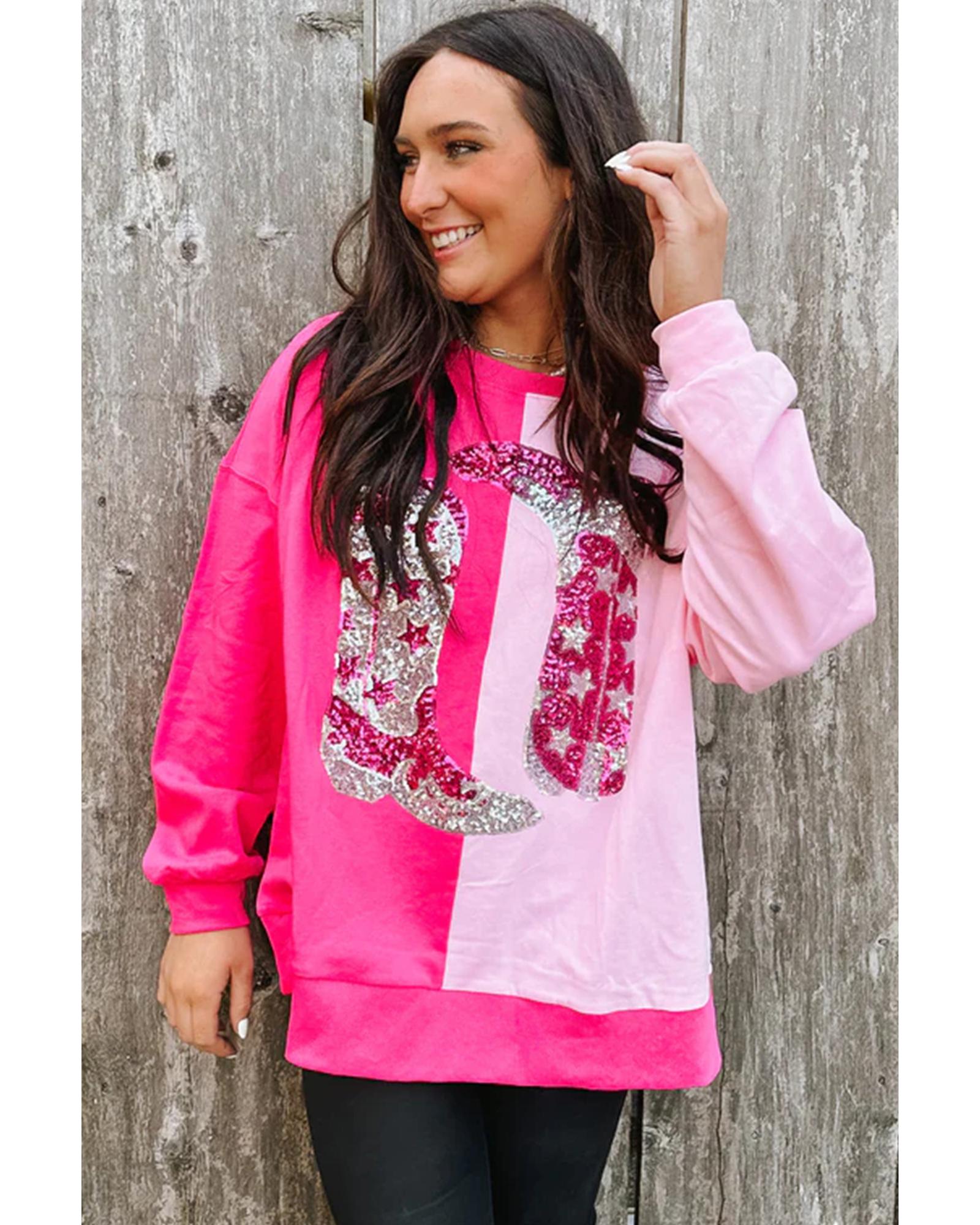 Pink Color Block Sequined Cowgirl Boots Graphic Sweatshirt
