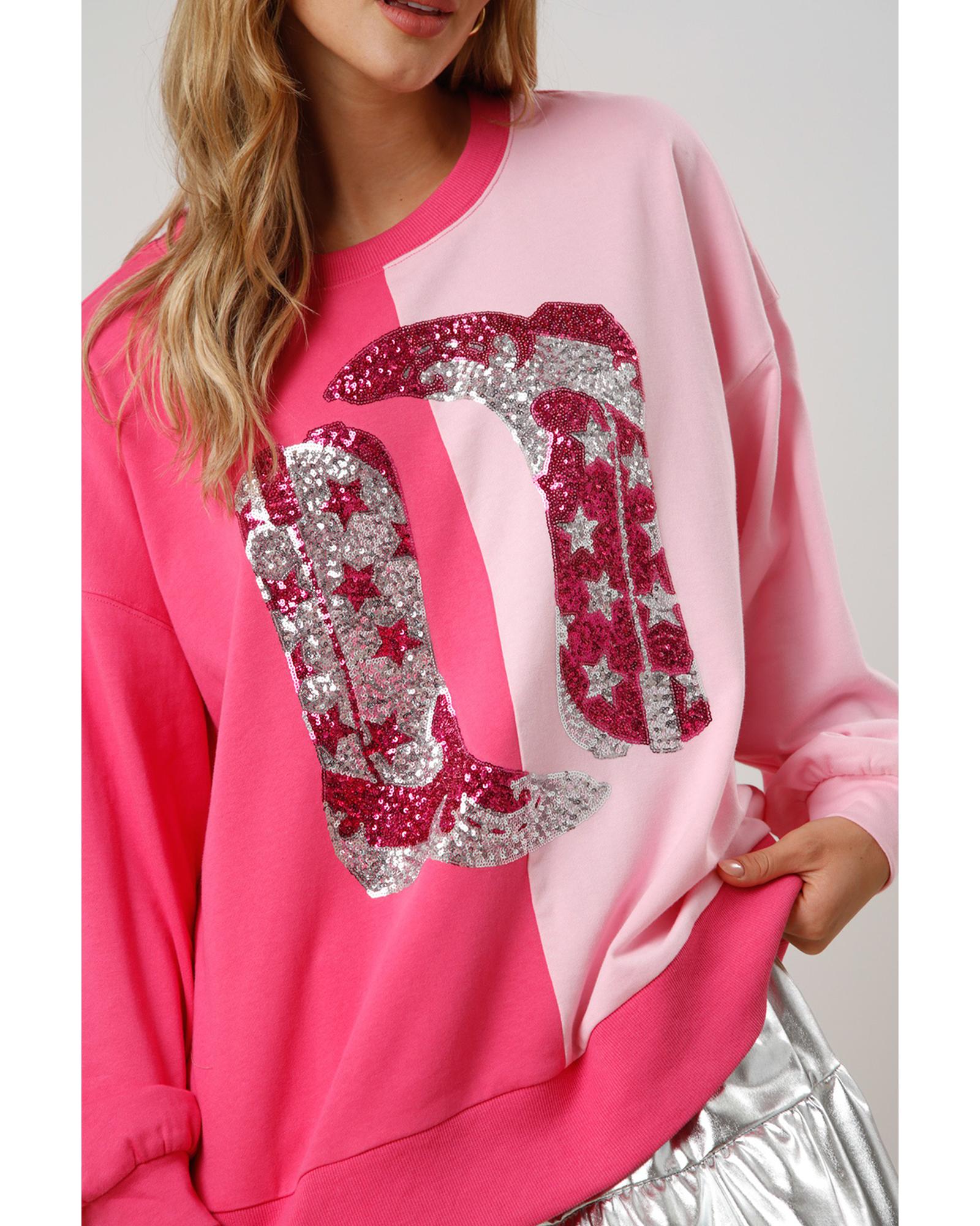 Pink Color Block Sequined Cowgirl Boots Graphic Sweatshirt - Image 2