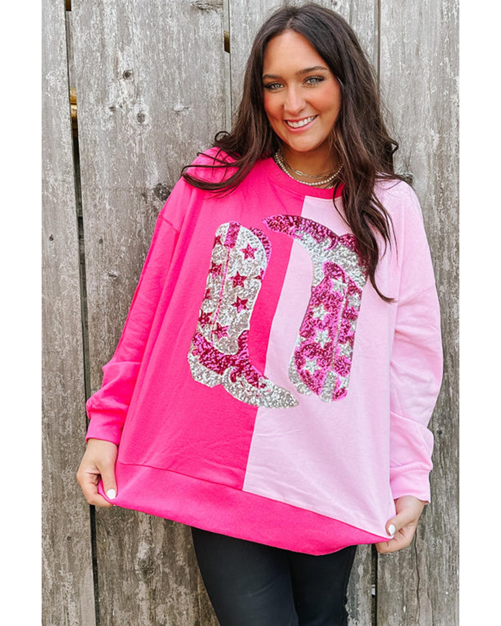 Pink Color Block Sequined Cowgirl Boots Graphic Sweatshirt - Image 4
