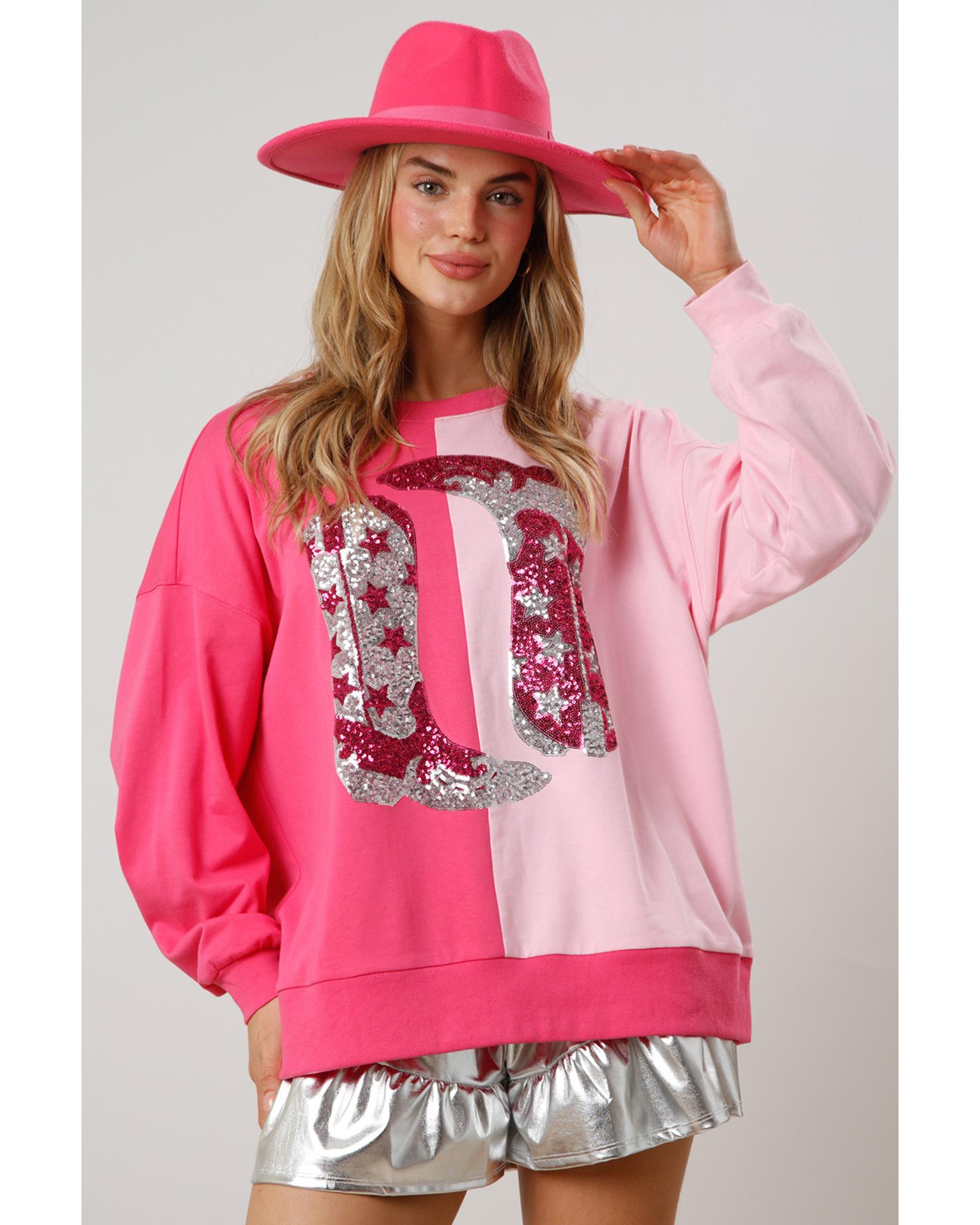 Pink Color Block Sequined Cowgirl Boots Graphic Sweatshirt - Image 5