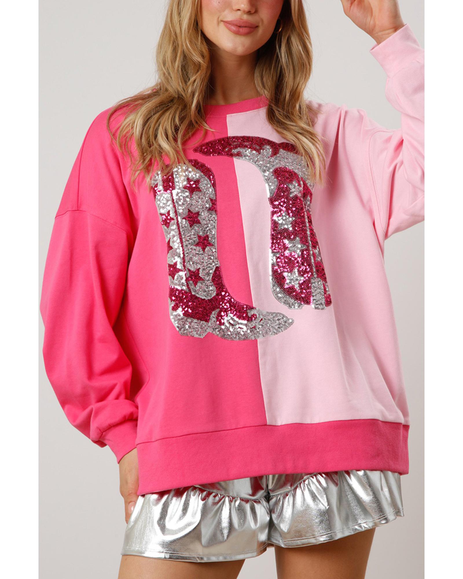 Pink Color Block Sequined Cowgirl Boots Graphic Sweatshirt - Image 6
