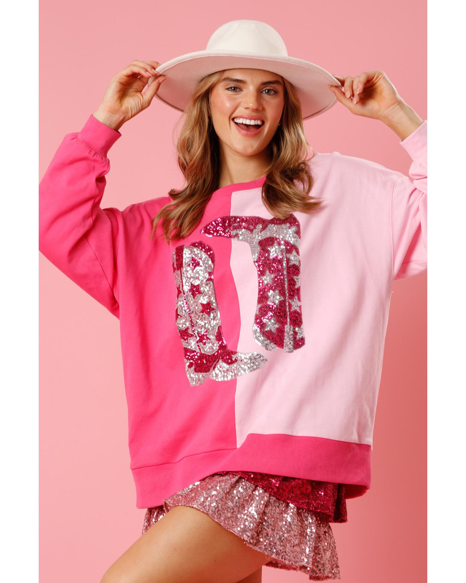 Pink Color Block Sequined Cowgirl Boots Graphic Sweatshirt - Image 7