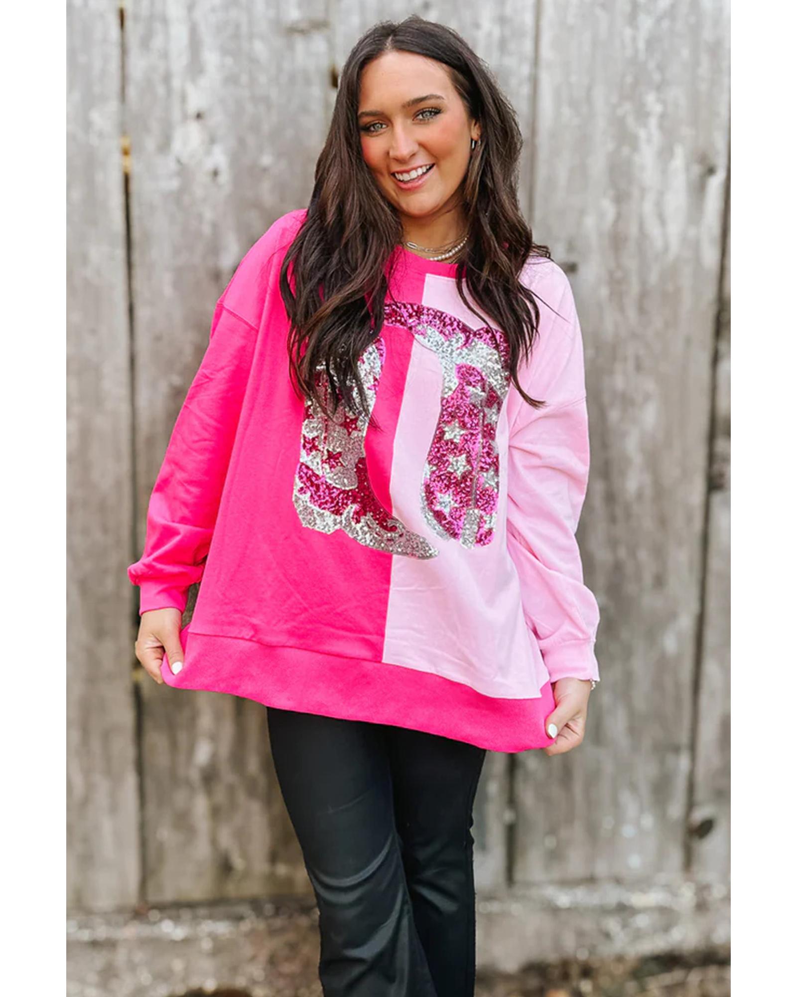 Pink Color Block Sequined Cowgirl Boots Graphic Sweatshirt - Image 8