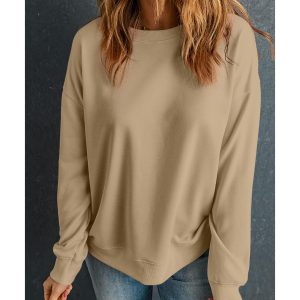 Khaki Solid Classic Crewneck Pullover Sweatshirt