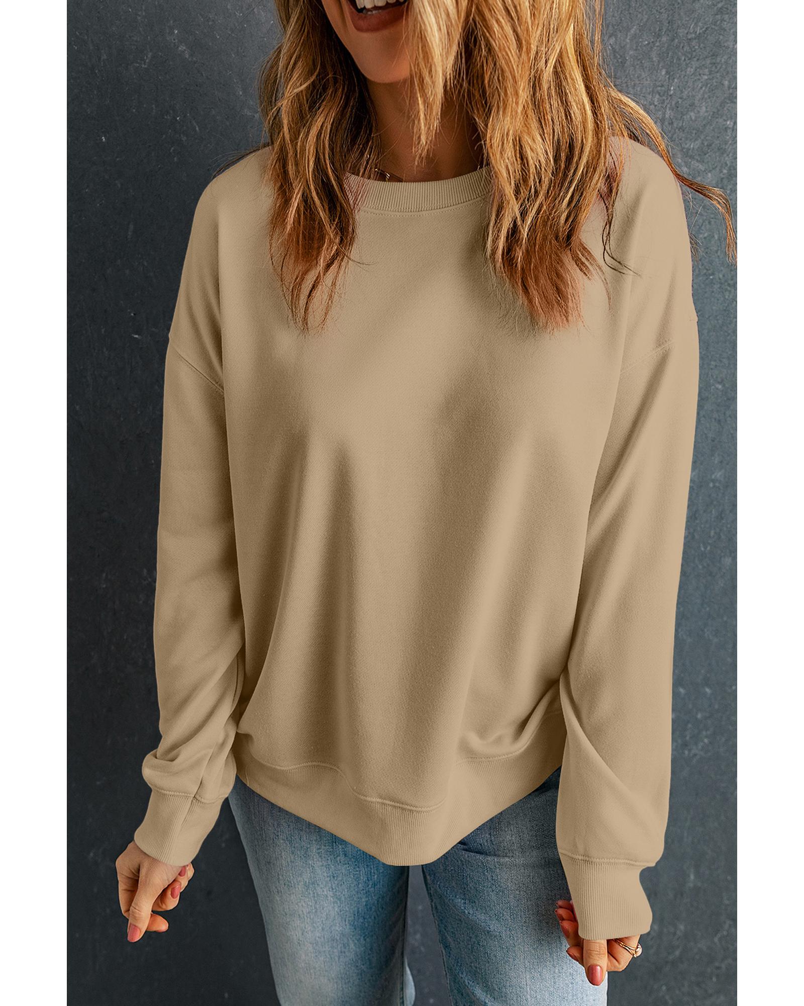 Khaki Solid Classic Crewneck Pullover Sweatshirt - Image 2