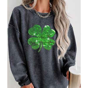 Gray Sequin St Patrick Clover Patch Corded Sweatshirt