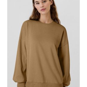 Camel Solid Fleece Lined Drop Shoulder High Low Sweatshirt