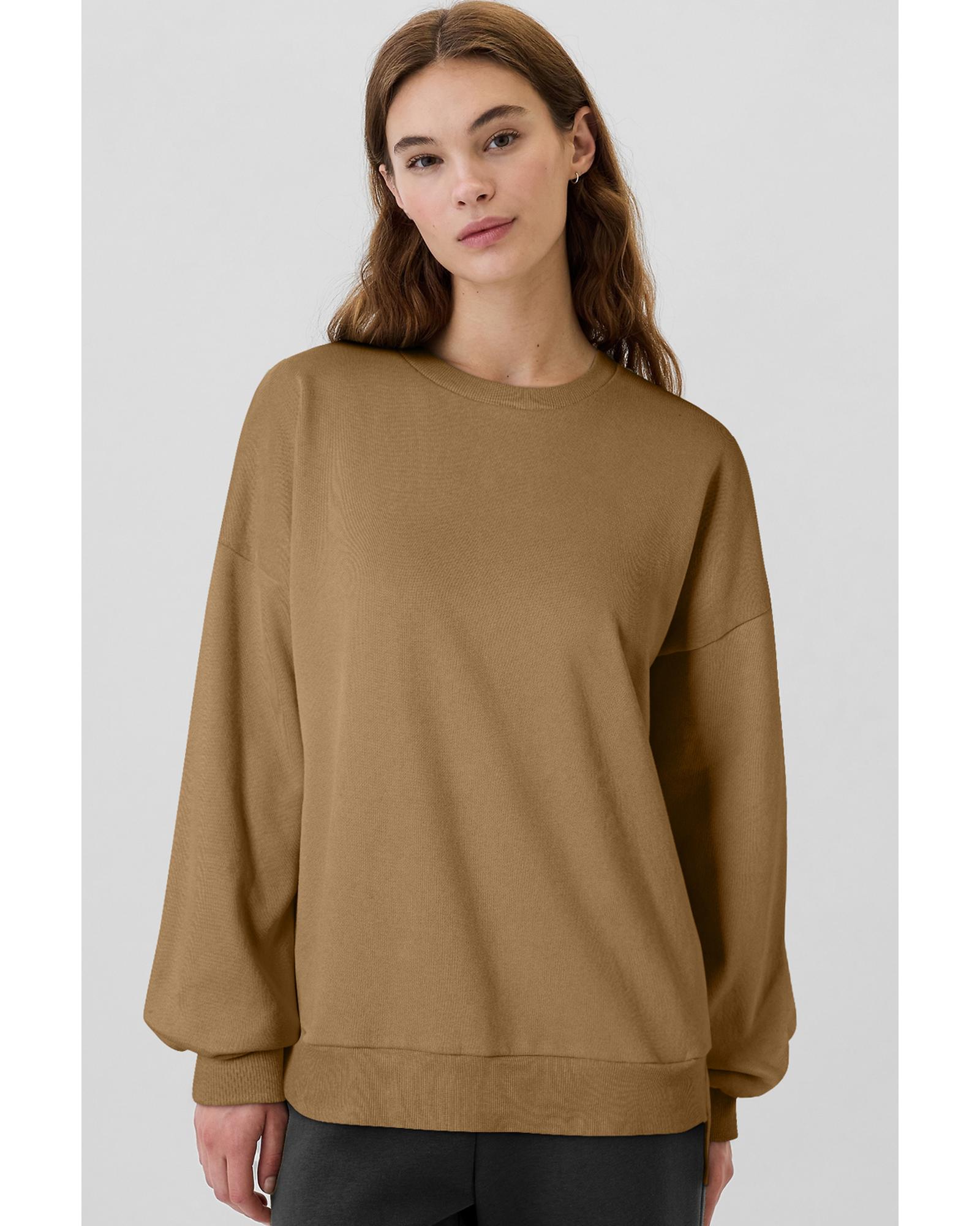 Camel Solid Fleece Lined Drop Shoulder High Low Sweatshirt