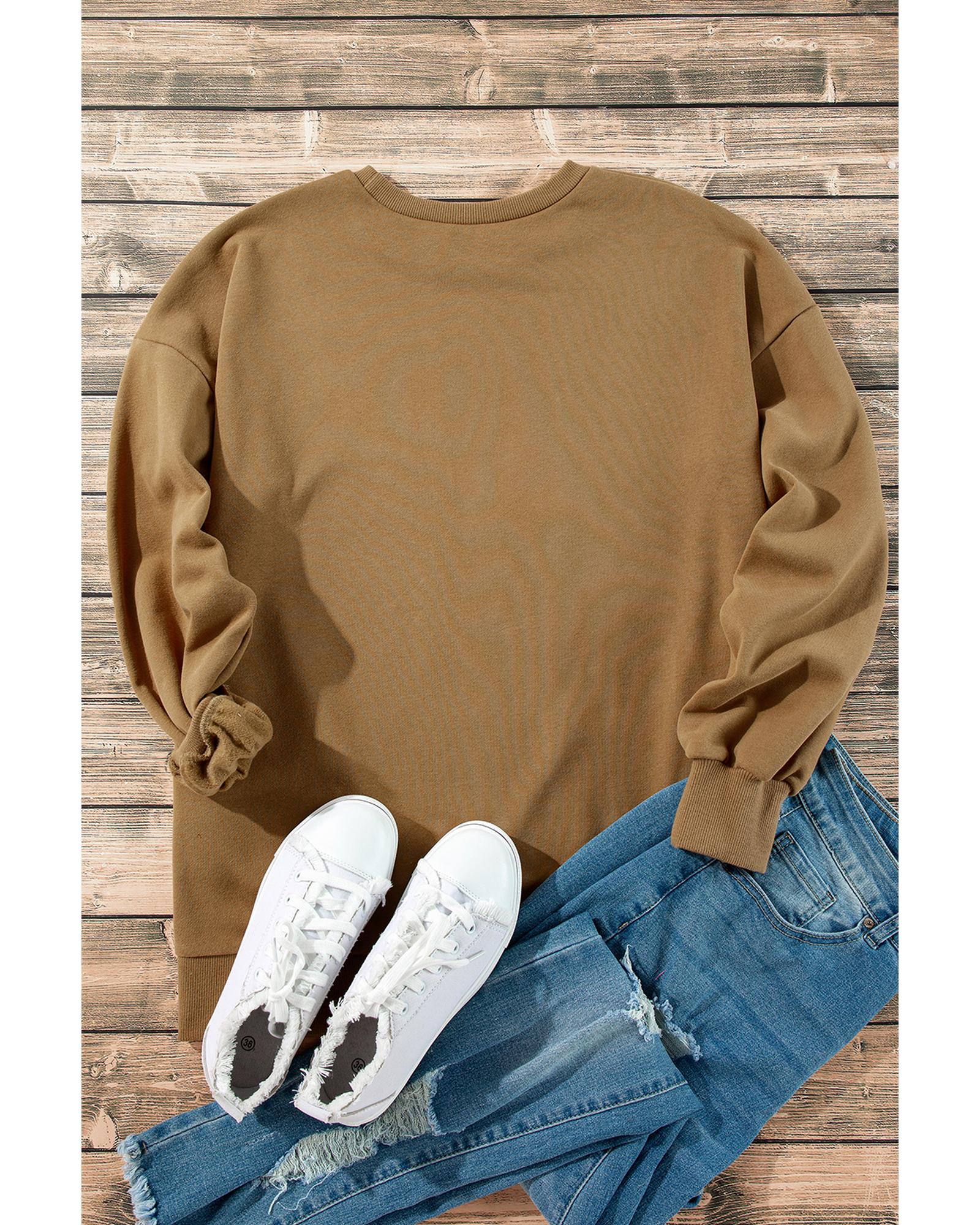 Camel Solid Fleece Lined Drop Shoulder High Low Sweatshirt - Image 3