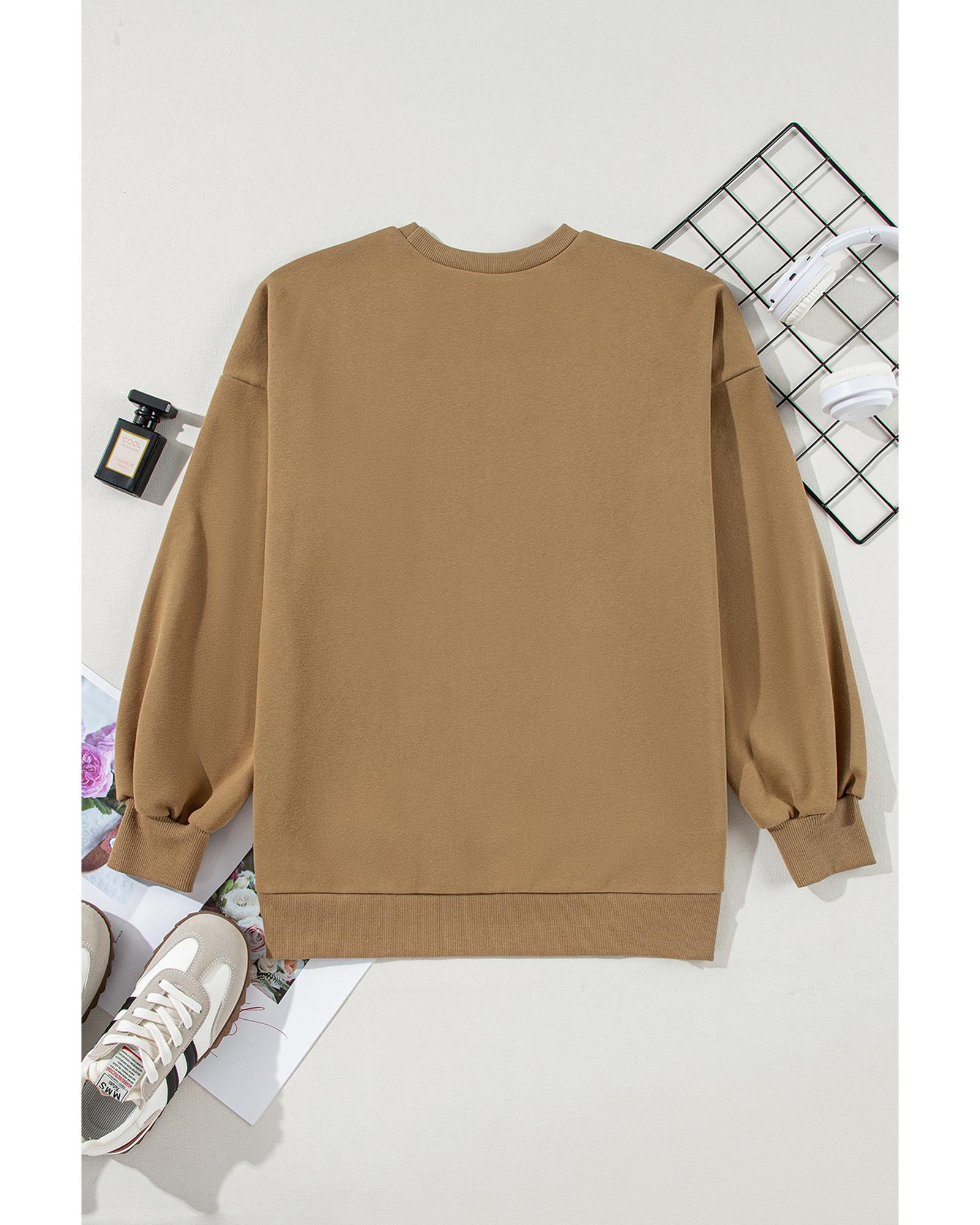 Camel Solid Fleece Lined Drop Shoulder High Low Sweatshirt - Image 4
