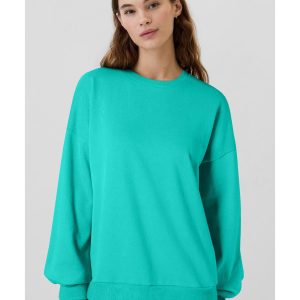 Sea Green Solid Fleece Lined Drop Shoulder High Low Sweatshirt