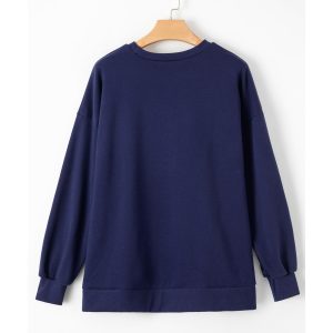 Navy Blue Solid Fleece Lined Drop Shoulder High Low Sweatshirt