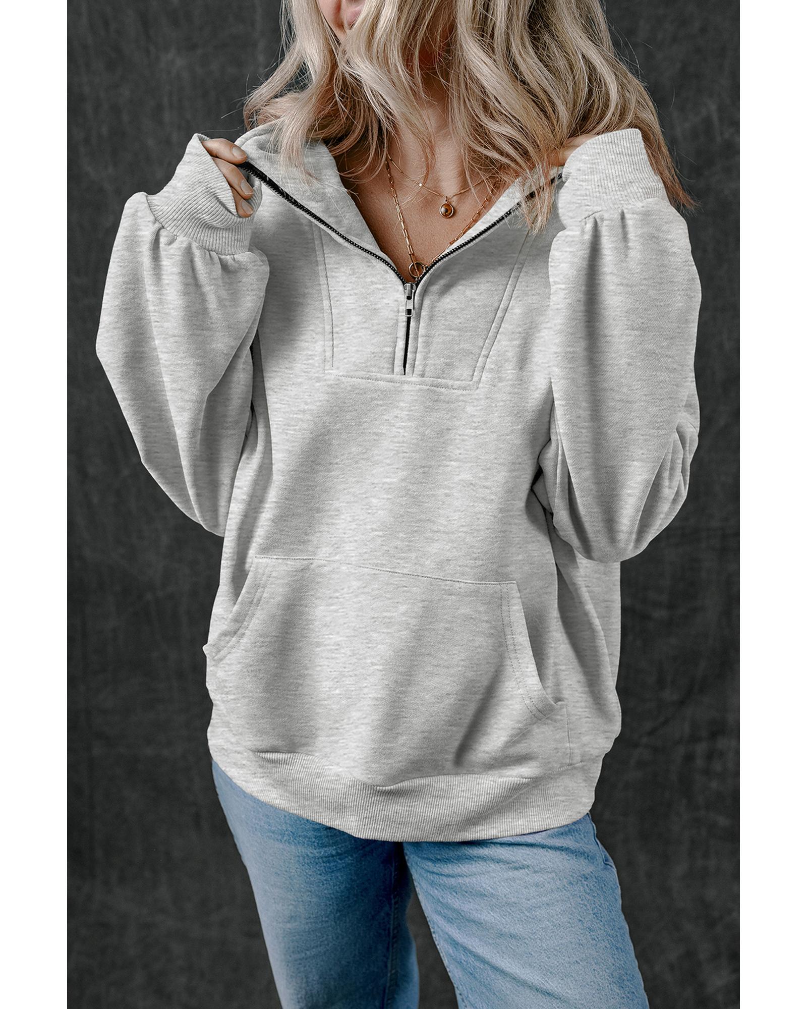 Light Grey Zip-up Stand Neck Kangaroo Pocket Sweatshirt - Image 2