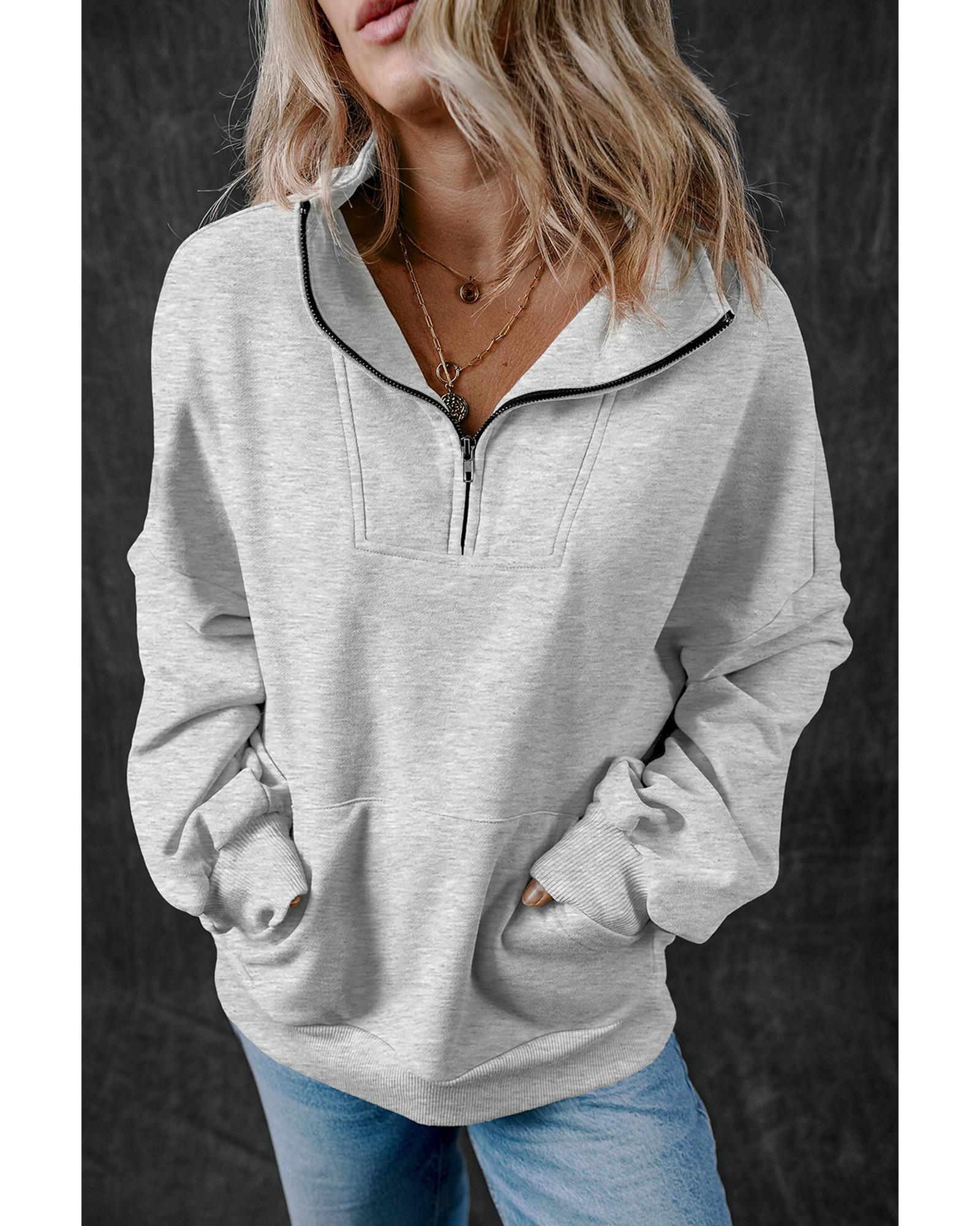Light Grey Zip-up Stand Neck Kangaroo Pocket Sweatshirt - Image 3