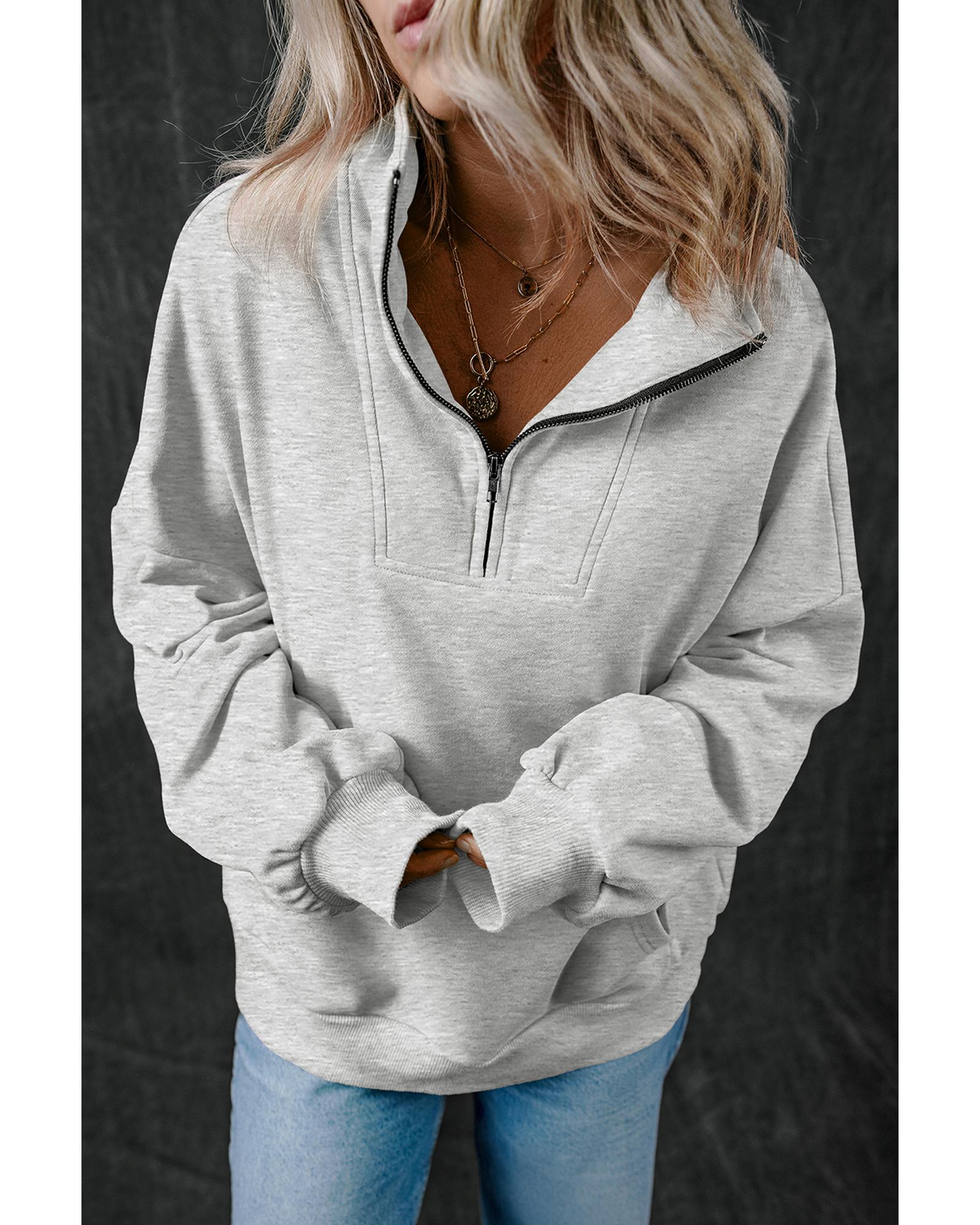 Light Grey Zip-up Stand Neck Kangaroo Pocket Sweatshirt - Image 4