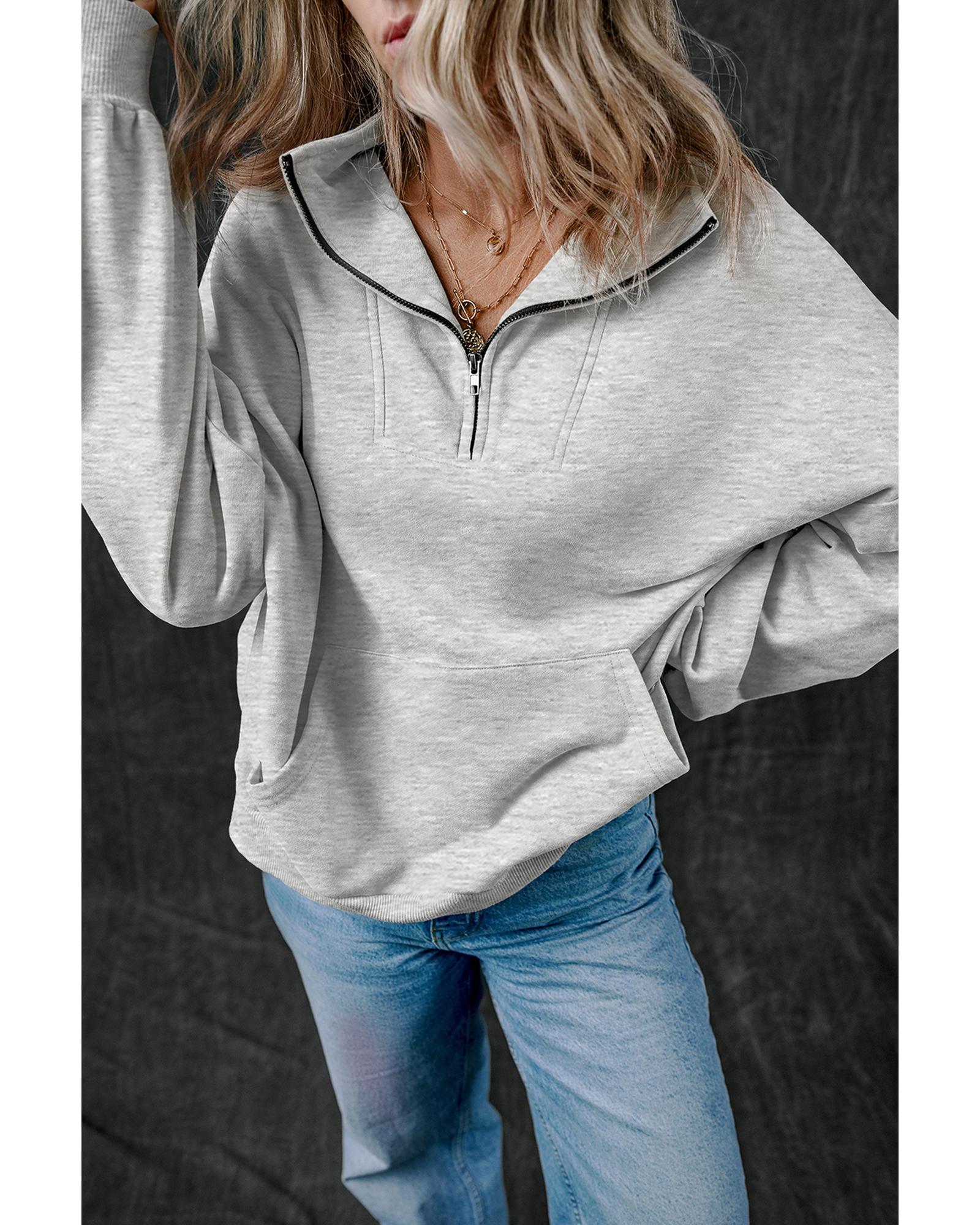 Light Grey Zip-up Stand Neck Kangaroo Pocket Sweatshirt - Image 5