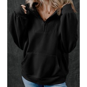 Black Zip-up Stand Neck Kangaroo Pocket Sweatshirt